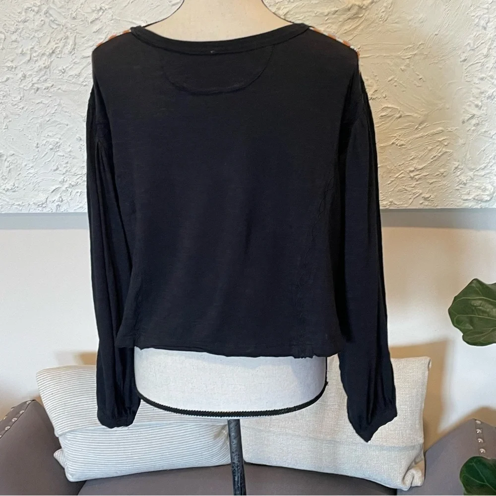 Free People Hand Me Down Embroidered Linen Blouse Cropped Top Black Sz S
